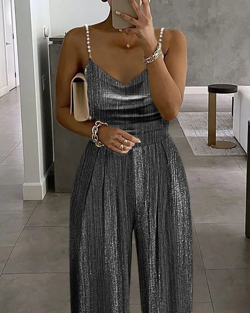 Off The Shoulder Stud Sexy Strap Women's Dinner Romper Spring Summer New Fashion Pleated Loose Straight Leg Female Long Romper