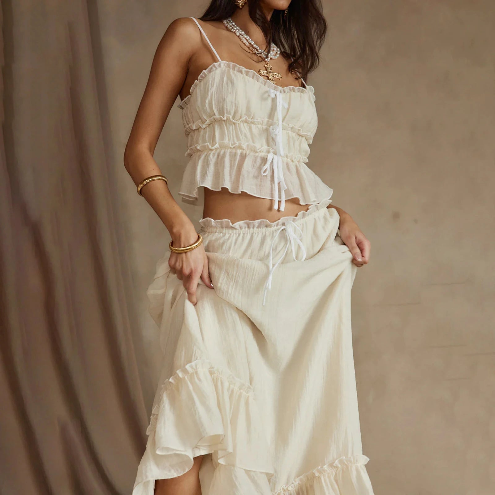 Women's Y2K  Aesthetic  2 Piece Skirt Outfits Sleeveless Ruffle Trim Camisole Long Tie Up Skirt Set