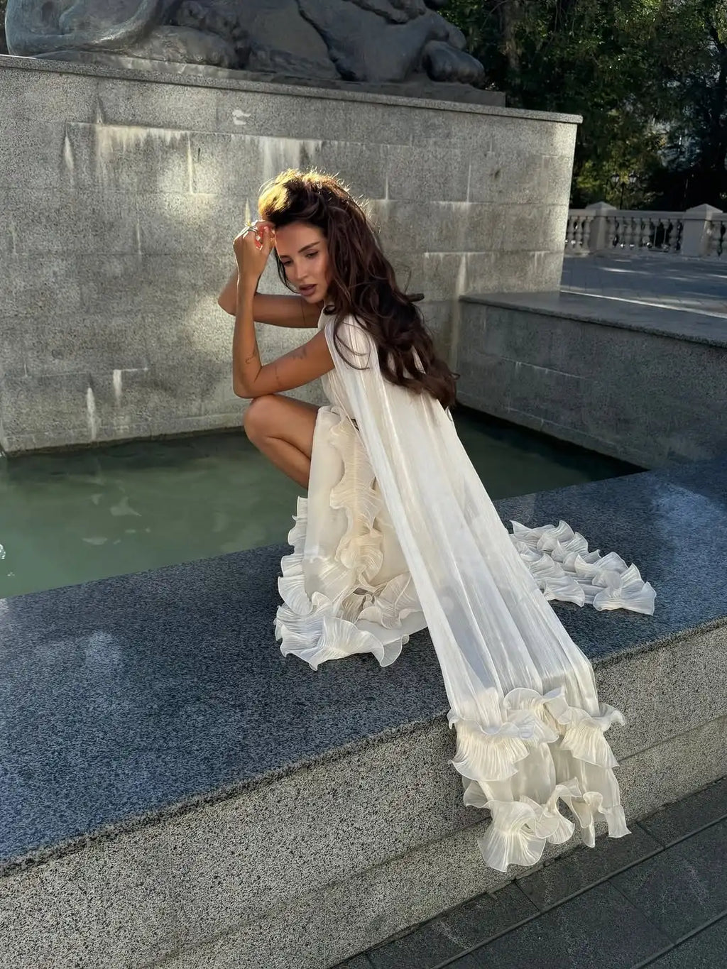 Women Solid Ruffle  Maxi Dress Fashion Lapel V-neck Sleeveless Pleated High Waist Chic Dresses 2025 Summer Lady Vacation Robes