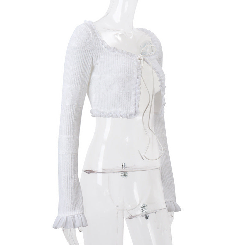 Imcute Sheer Silky Women 2 Piece Set Lace-Up Tassel Flared Sleeve Crop Top+Sexy Low-Waist Tierred Skirt Party Street Outfits