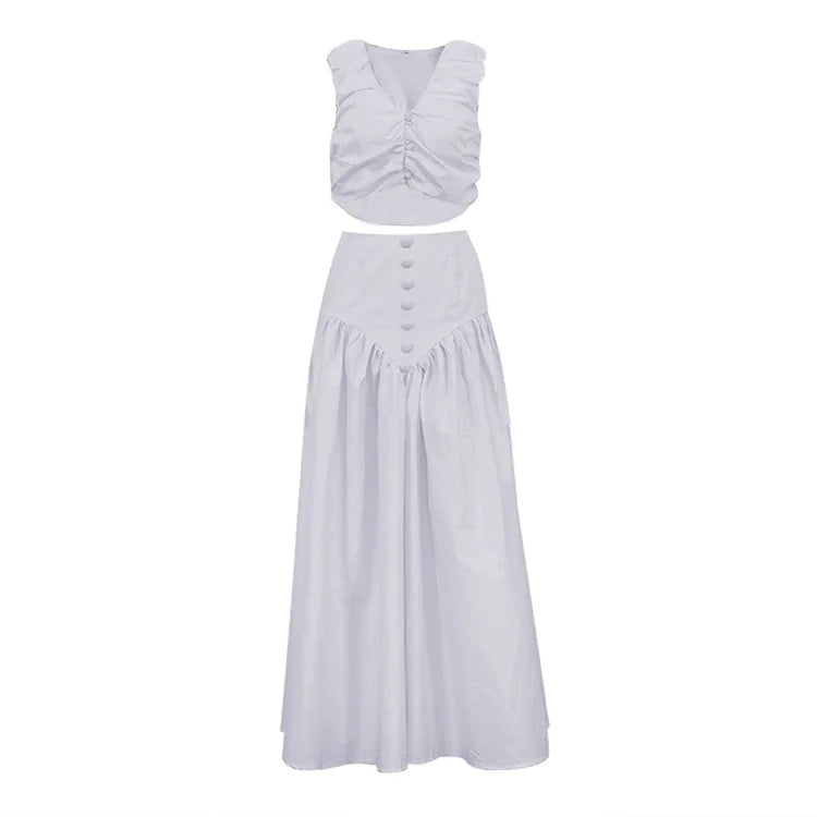 DSMTRC Fashion Long Skirt Suits Ladies Solid Outfits V-Neck Cropped Top And Patchwork White Pleated Maxi Women Skirt 2 Piece-Set