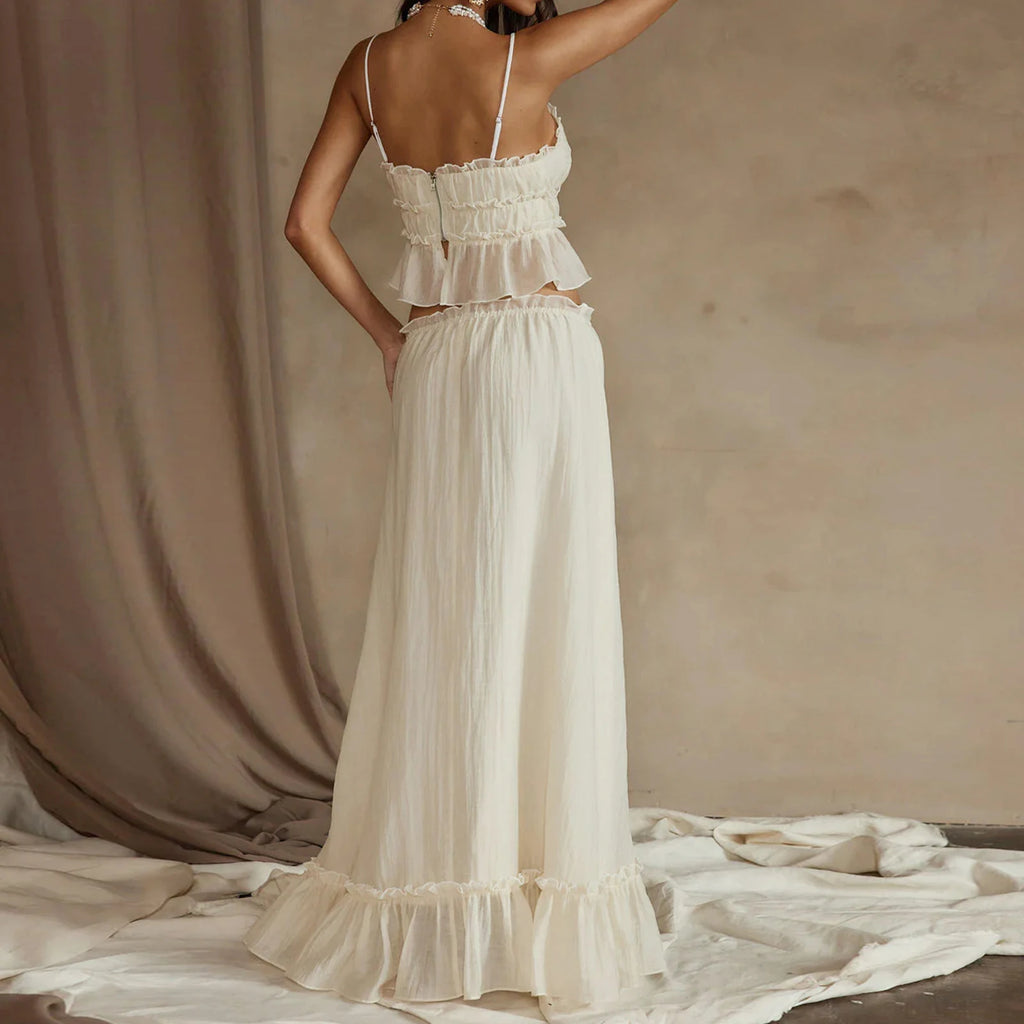 Women's Y2K  Aesthetic  2 Piece Skirt Outfits Sleeveless Ruffle Trim Camisole Long Tie Up Skirt Set