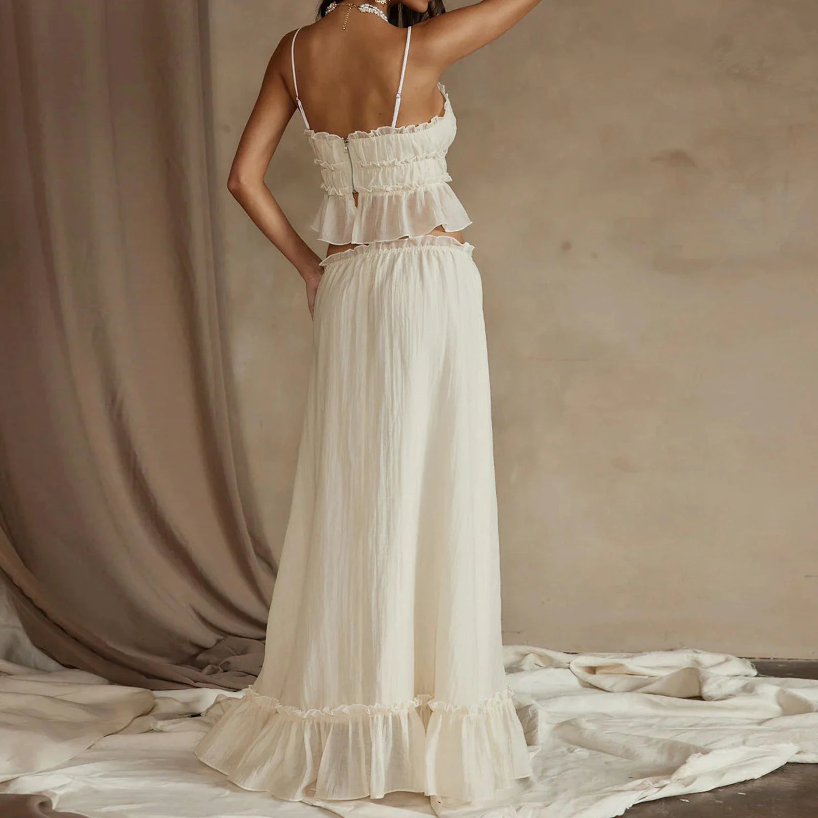 Women's Y2K  Aesthetic  2 Piece Skirt Outfits Sleeveless Ruffle Trim Camisole Long Tie Up Skirt Set