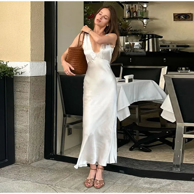 Sexy Lace Tube Long Dress For Women V-neck Sleeveless Backless Draped A-line Robe 2025 Summer Elegant Female New Party Dresses