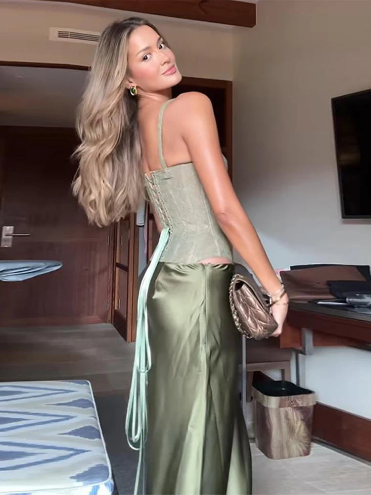 Elegant Lace Fishbone Top Long Skirt Set Women Sexy Perspective Corset Sling Tops Hip Package Skirts Sets Lady Chic Party Street