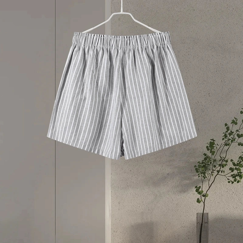 Casual Striped Lace Up Women Shorts Suits Lapel Half Sleeve Single Breasted Shirt Wide Leg Shorts 2025 Summer New Chic Lady Sets