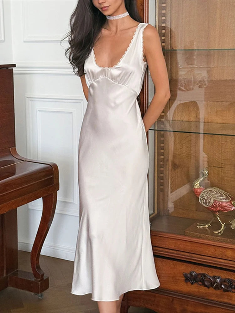 Sexy Lace Tube Long Dress For Women V-neck Sleeveless Backless Draped A-line Robe 2025 Summer Elegant Female New Party Dresses