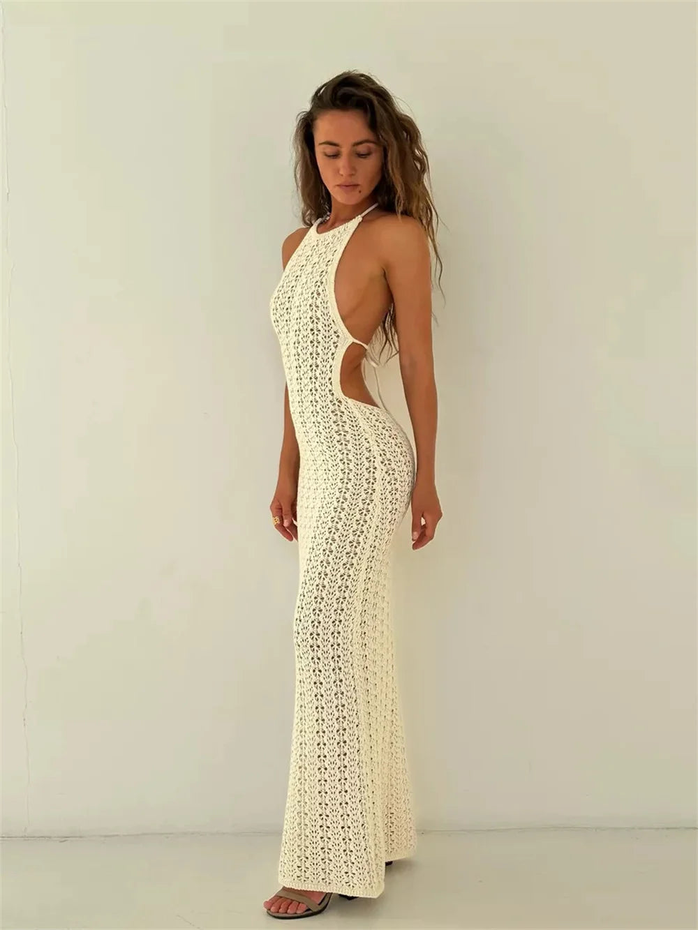 Sexy Hollow out Backless Split Long Knitted Beach Dress Strapless Halter Sleeveless Women's Dress