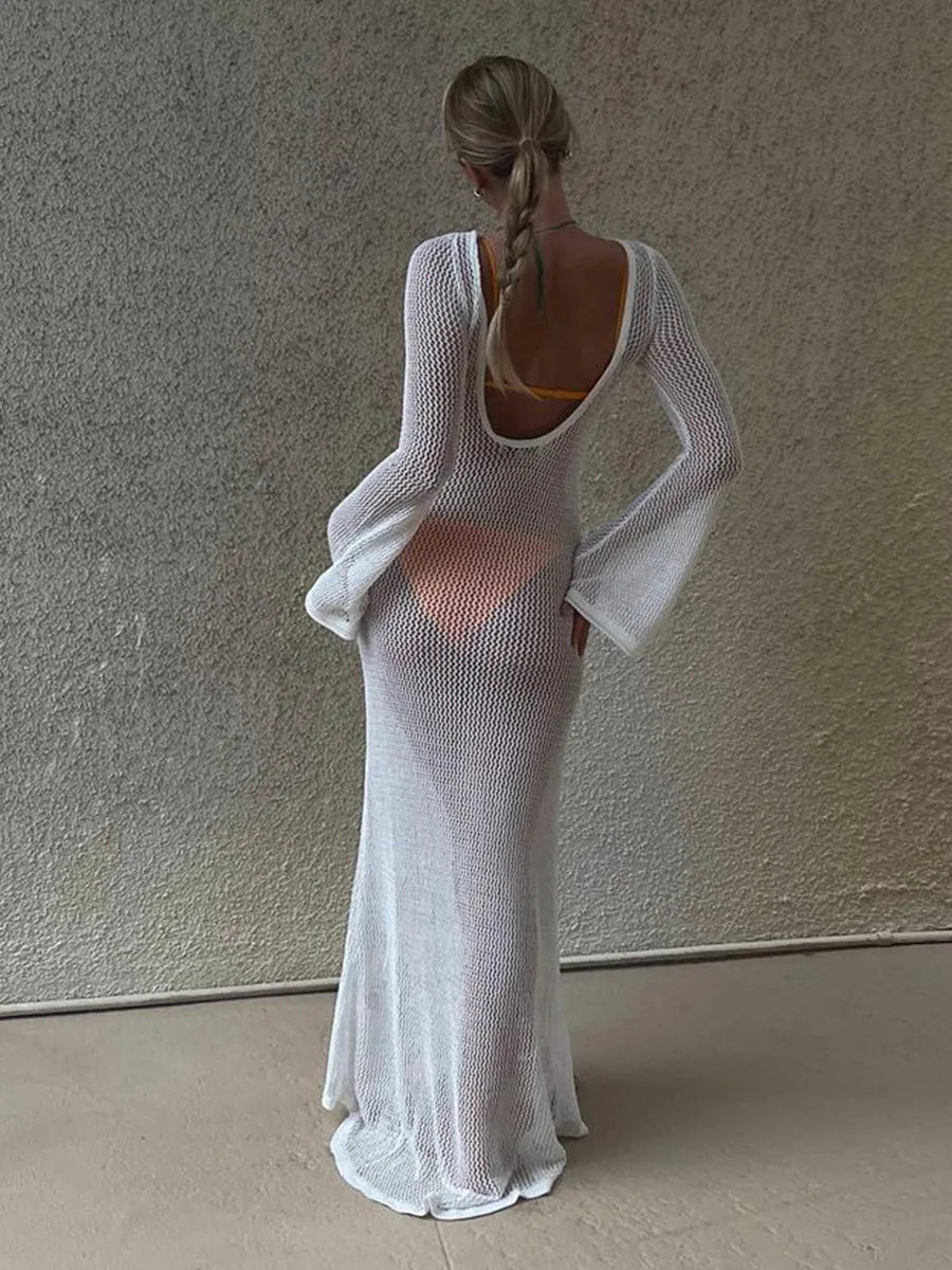 Bikini Sexy Cover-ups Long Sleeve Hollow Out See Through Maxi Knit Dress 2024 Beach Cover Up Dresses for Women Summer Outfit