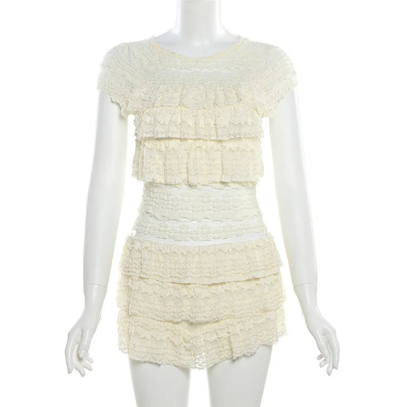 Crochet See Through 2 Piece Set Women Sexy Beach Vacation Y2K Mini Tops+Multi-Layered Tassels Skirts Matching Suits