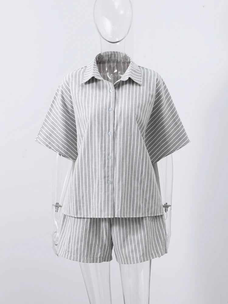 Casual Striped Lace Up Women Shorts Suits Lapel Half Sleeve Single Breasted Shirt Wide Leg Shorts 2025 Summer New Chic Lady Sets