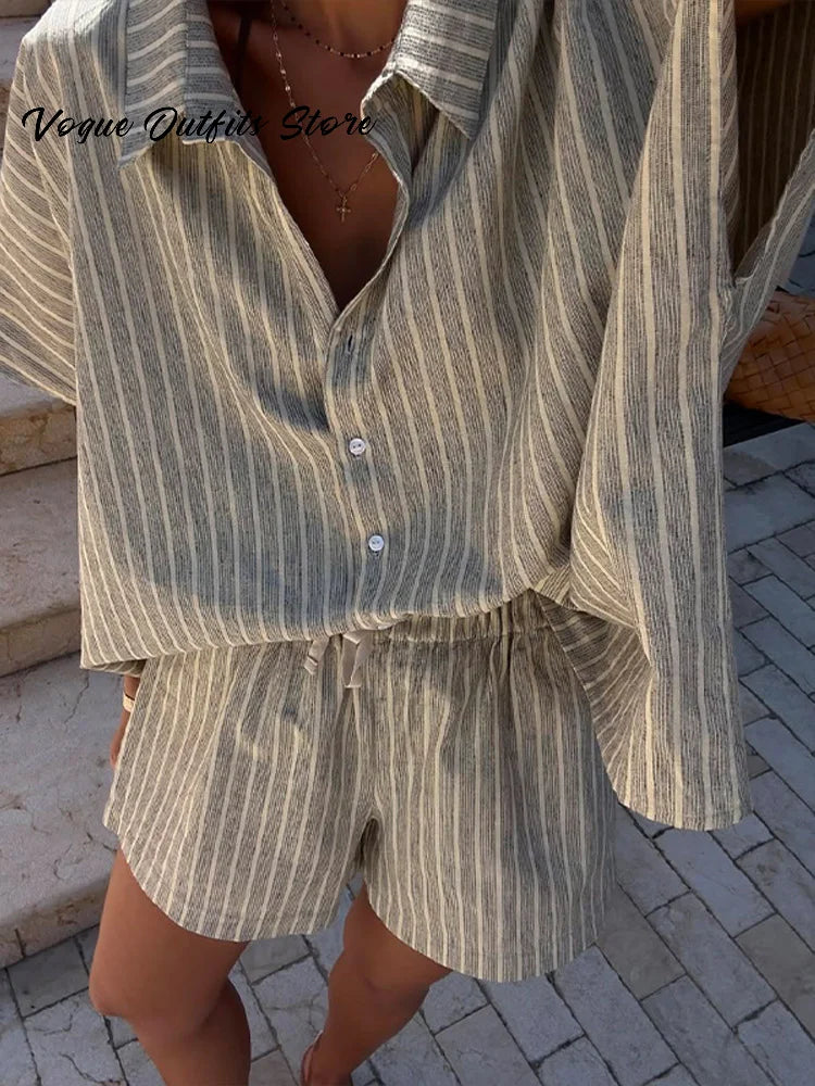 Casual Striped Lace Up Women Shorts Suits Lapel Half Sleeve Single Breasted Shirt Wide Leg Shorts 2025 Summer New Chic Lady Sets