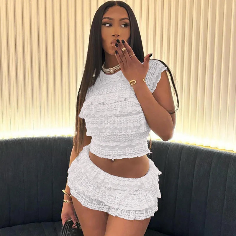 Crochet See Through 2 Piece Set Women Sexy Beach Vacation Y2K Mini Tops+Multi-Layered Tassels Skirts Matching Suits