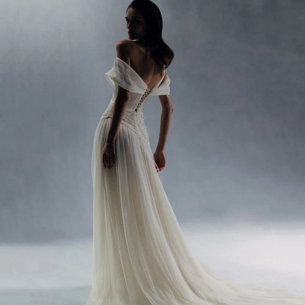 Party Gowns Customized A Line Off Shoulder High Split Prom Dresses Simple Tulle Evening Dress New Arrival 2025 فساتين سهرة