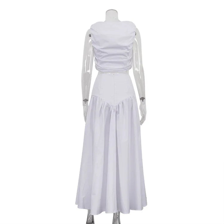 DSMTRC Fashion Long Skirt Suits Ladies Solid Outfits V-Neck Cropped Top And Patchwork White Pleated Maxi Women Skirt 2 Piece-Set