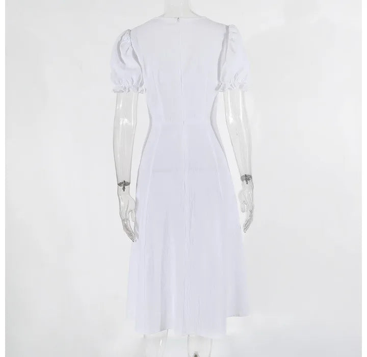 Womens Dresses 2024 Summer New Solid Color Elegant Temperament Short Sleeve Bubble Sleeves Fashion Sweet High Split Long Dress