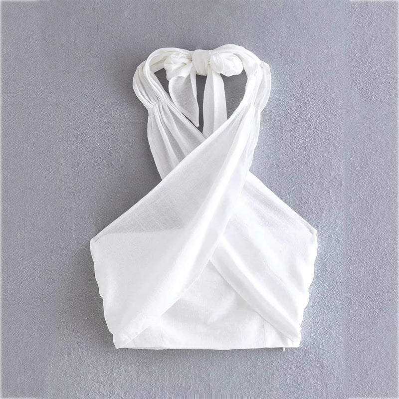 Foridol Cotton Linen Orange Ruched Crop Top Halter Sexy Backless Summer Autumn White Beach Tank Top Camis Cross Sexy Top