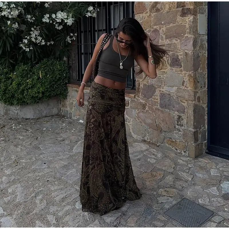 Sexy Print Asymmetric Long Skirts Women Loose High Waist Pleated A-line Skirt 2025 Summer Autumn Lady Partywear