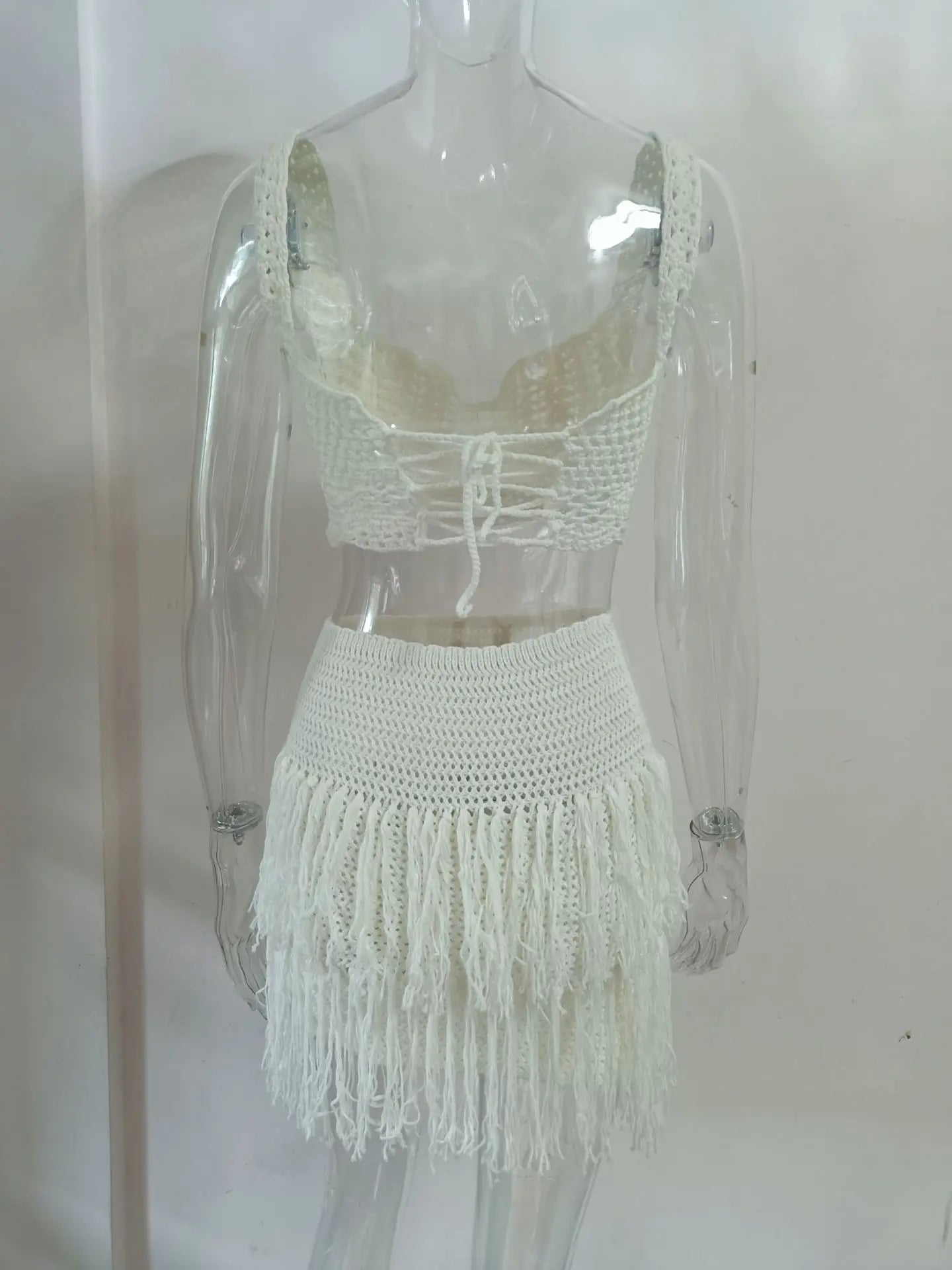Crochet See Through 2 Piece Set Women Sexy Beach Vacation Y2K Mini Tops+Multi-Layered Tassels Skirts Matching Suits