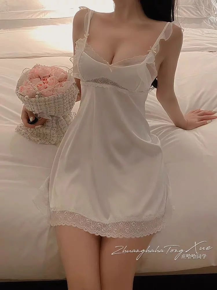 Sexy Backless Nightgown Women Suspender Nightdress Summer Lace Sleepwear Morning Gown Loungewear Silky Satin Home Dress