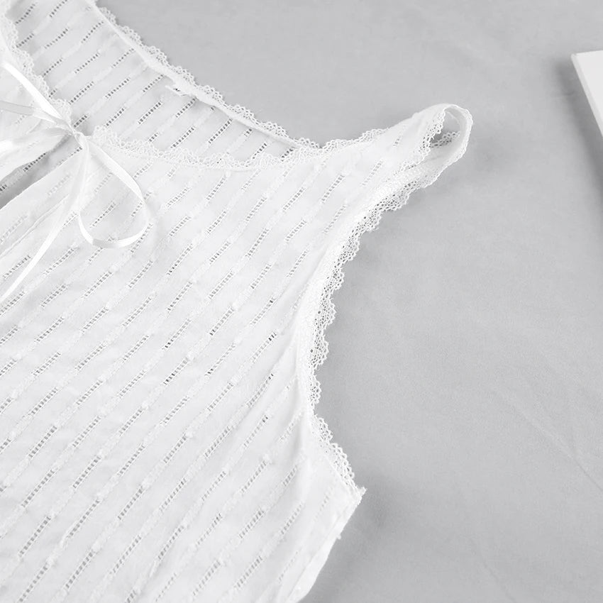 HiLoc 2025 Elegant Lace Short Robe Summer Casual Sleeveless White Dress Sleepwear Female Home Solid Lace-Up Robe Spring Pajamas