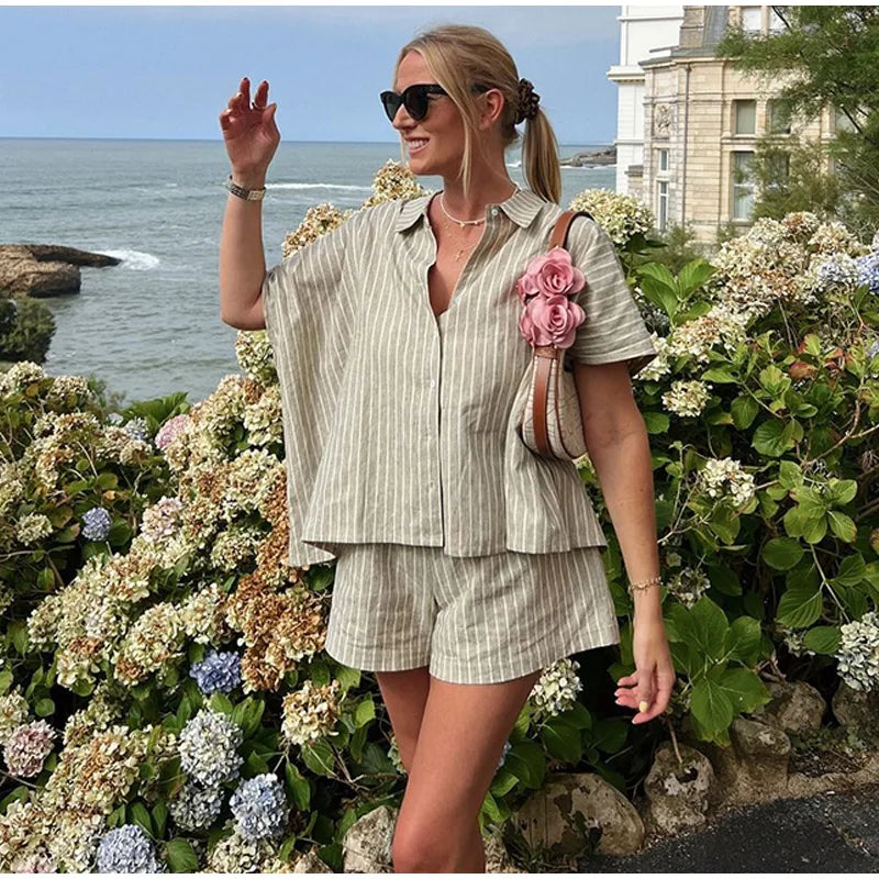 Casual Striped Lace Up Women Shorts Suits Lapel Half Sleeve Single Breasted Shirt Wide Leg Shorts 2025 Summer New Chic Lady Sets
