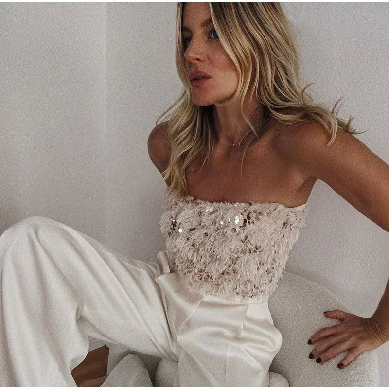 Fashion Sequins Patchwork Fur Crop Tops Sexy Strapless Chest Wrapping Vest Winter New Women's Off Shoulder Slim Club Party Tops