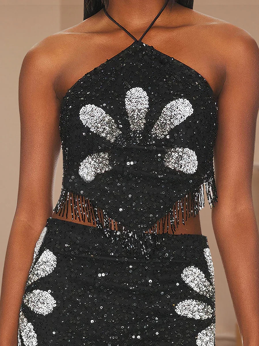 Women Sequined Tassels Halter Top Tie-up Sleeveless Vest Contrast Color Tops Fashion Crop Top Sexy Backless Summer Streetwear