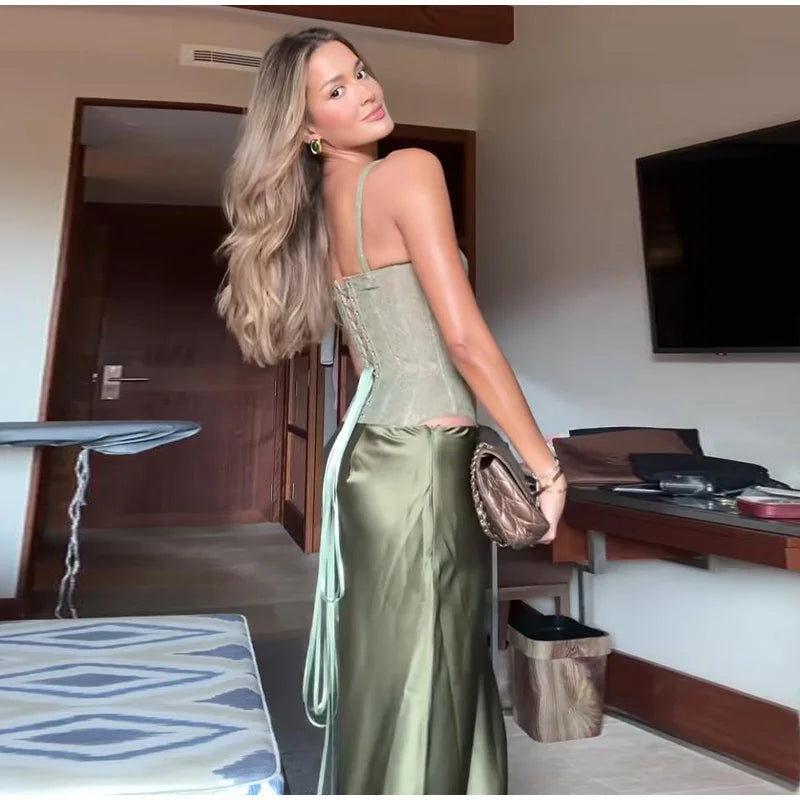 Elegant Lace Fishbone Top Long Skirt Set Women Sexy Perspective Corset Sling Tops Hip Package Skirts Sets Lady Chic Party Street