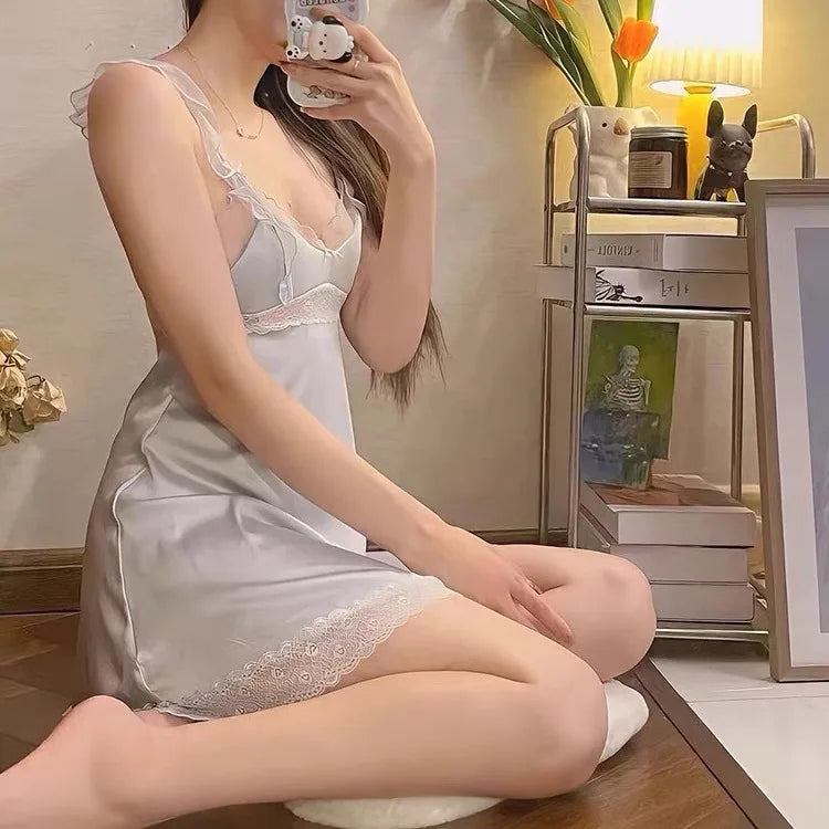 Sexy Backless Nightgown Women Suspender Nightdress Summer Lace Sleepwear Morning Gown Loungewear Silky Satin Home Dress