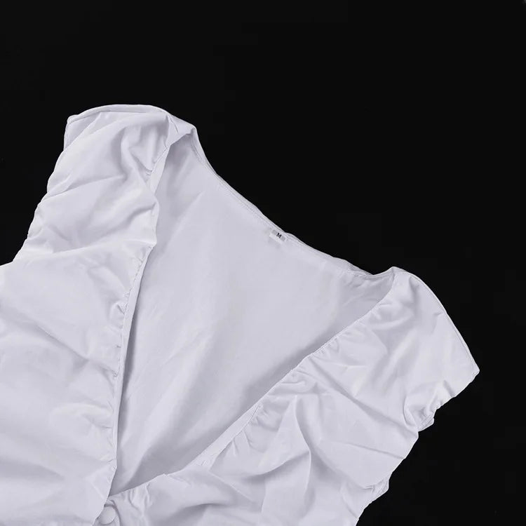 DSMTRC Fashion Long Skirt Suits Ladies Solid Outfits V-Neck Cropped Top And Patchwork White Pleated Maxi Women Skirt 2 Piece-Set