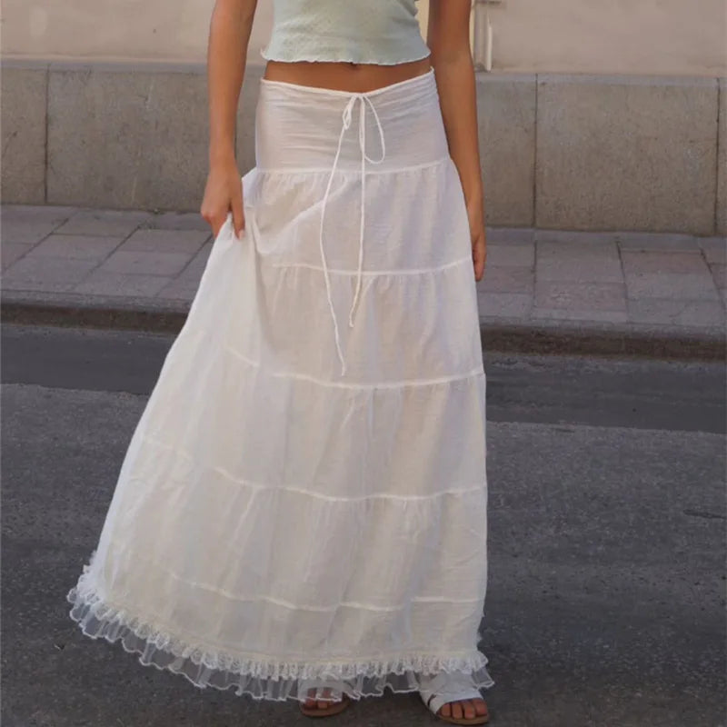Boho Inspired dropped waist elastic white skirt women new flirty ruffled hem sexy Y2k summer skirt new cotton women maxi skirts