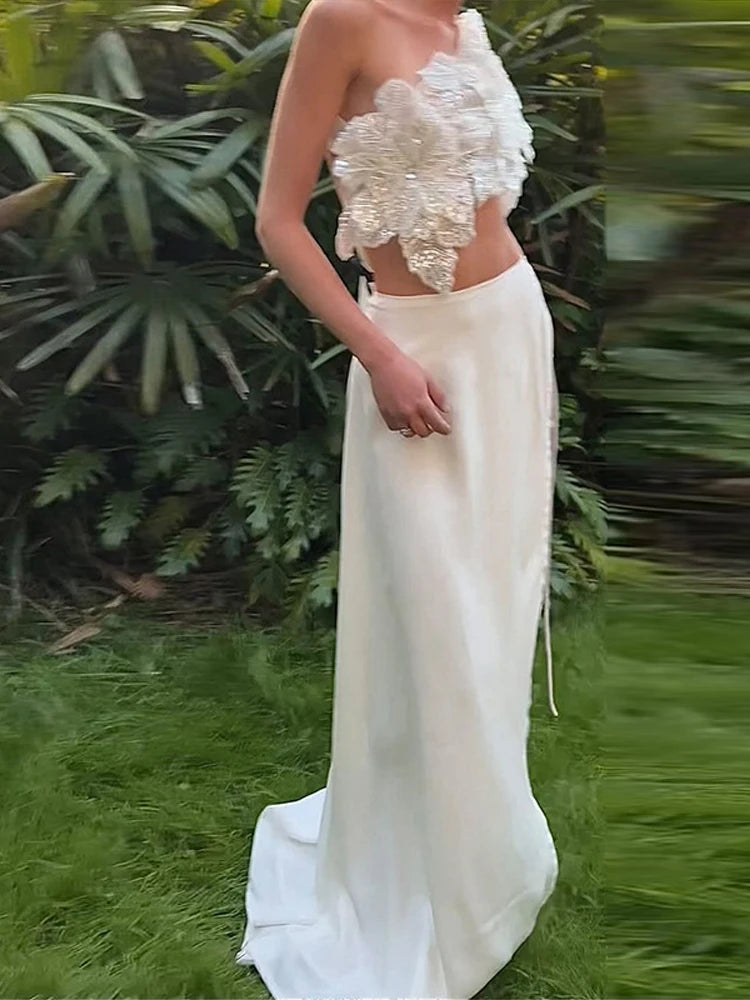 Sexy 3D Flower Vest Skirt Sets Women Slim Sequin Lace Up Crop Tops High Split Long Skirts 2025 Summer Lady Vacation Outfits