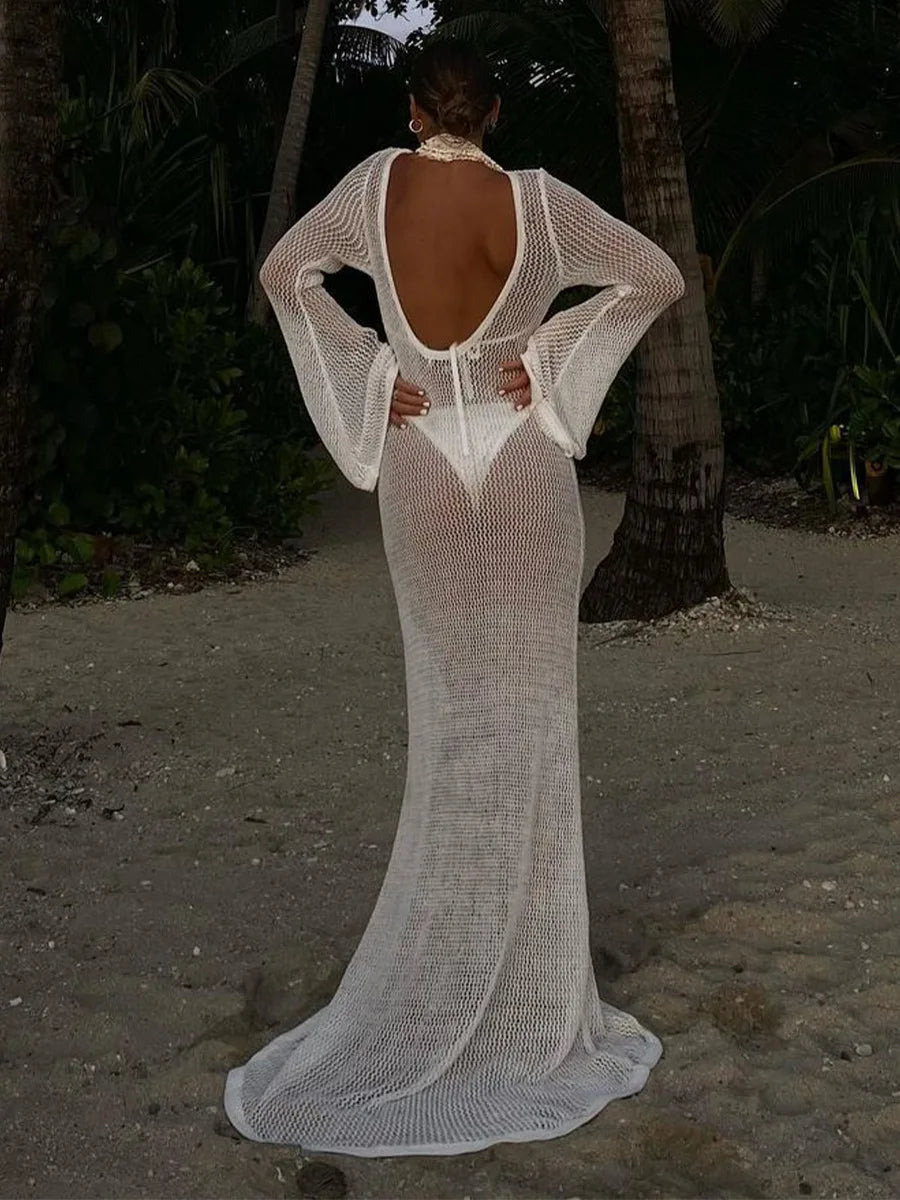 Bikini Sexy Cover-ups Long Sleeve Hollow Out See Through Maxi Knit Dress 2024 Beach Cover Up Dresses for Women Summer Outfit