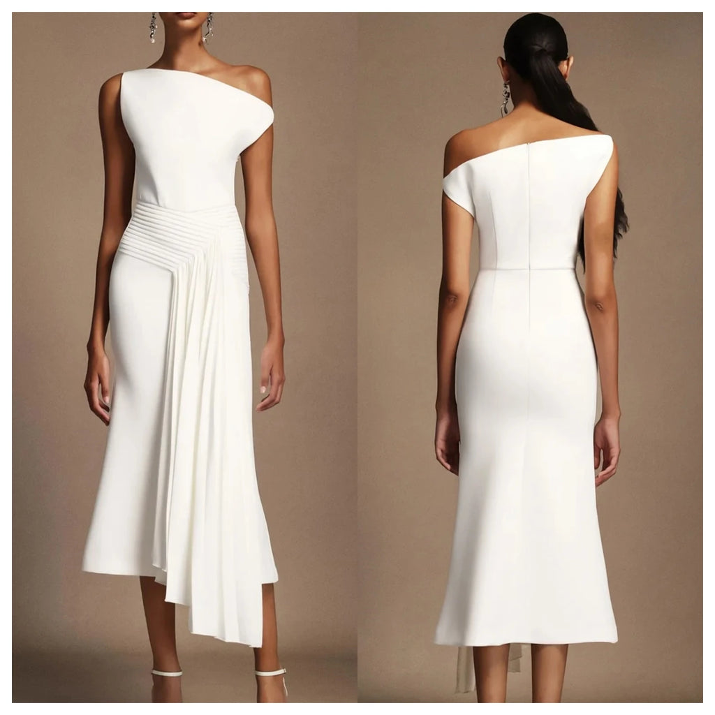 Customized Modern White Jersey Evening Dress Off the Shoulder Sleeveless Bridal Party Bespoke Occasion Gowns Zipper Back