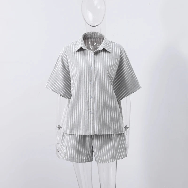 Casual Striped Lace Up Women Shorts Suits Lapel Half Sleeve Single Breasted Shirt Wide Leg Shorts 2025 Summer New Chic Lady Sets