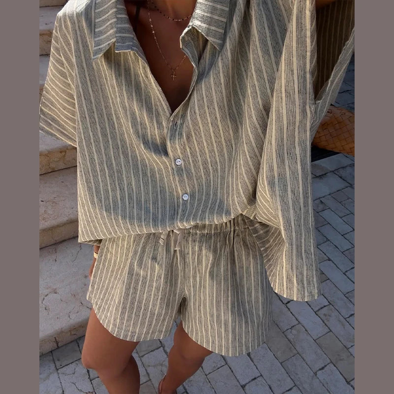 Casual Striped Lace Up Women Shorts Suits Lapel Half Sleeve Single Breasted Shirt Wide Leg Shorts 2025 Summer New Chic Lady Sets