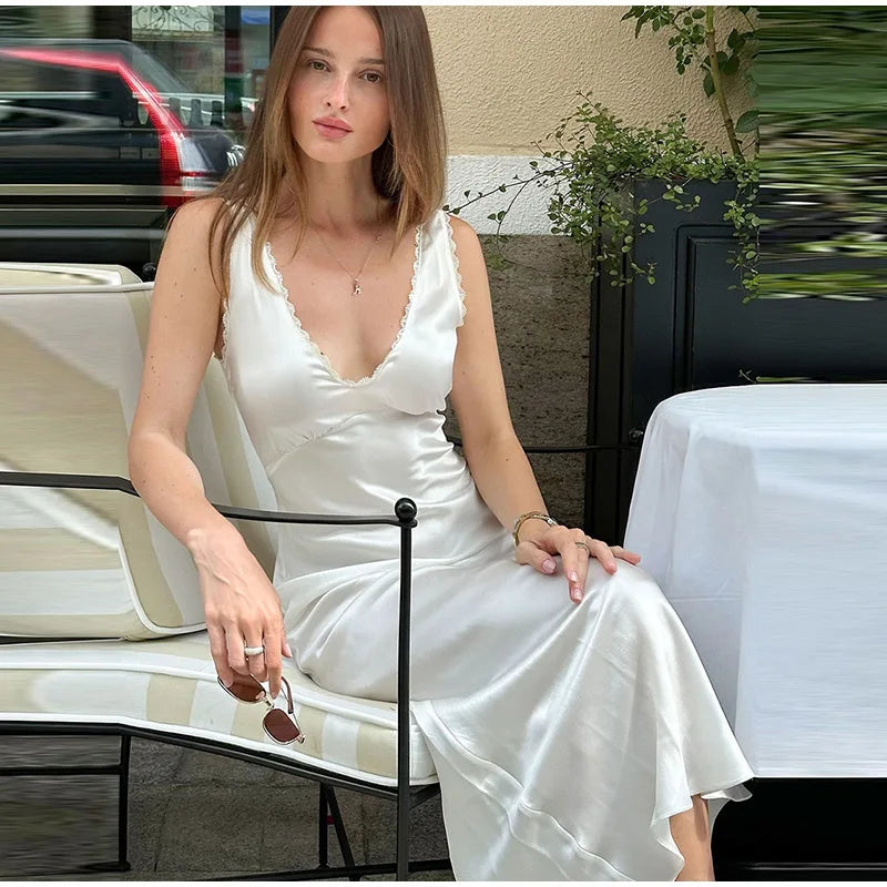 Sexy Lace Tube Long Dress For Women V-neck Sleeveless Backless Draped A-line Robe 2025 Summer Elegant Female New Party Dresses