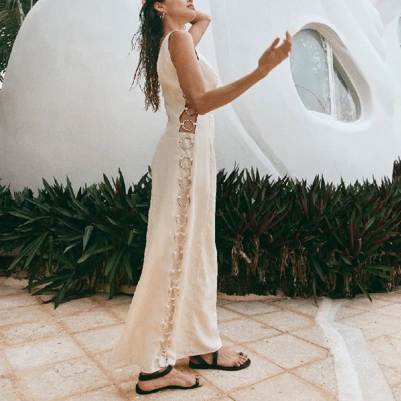 Sexy Hollow Out Iron Ring Connected Dress Women Elegant O Neck Sleeveless Maxi Dresses 2024 Spring Chic Female Party Streetwear