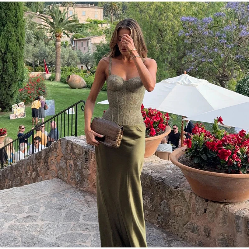 Elegant Lace Fishbone Top Long Skirt Set Women Sexy Perspective Corset Sling Tops Hip Package Skirts Sets Lady Chic Party Street