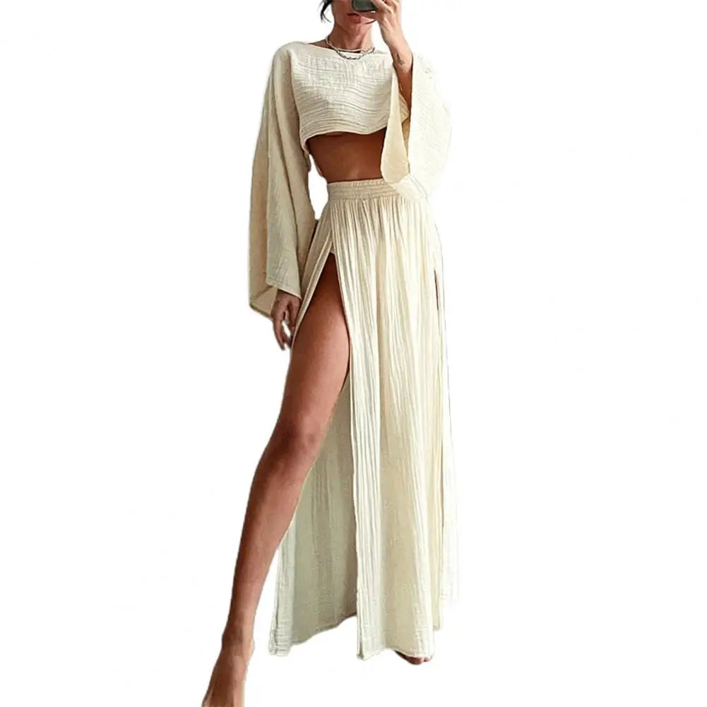 Cotton And Linen Casual Two-piece Set Summer Women's Leisure Vacation Linen High Waist Split Crop Top Skirt Bikini Coverup Set