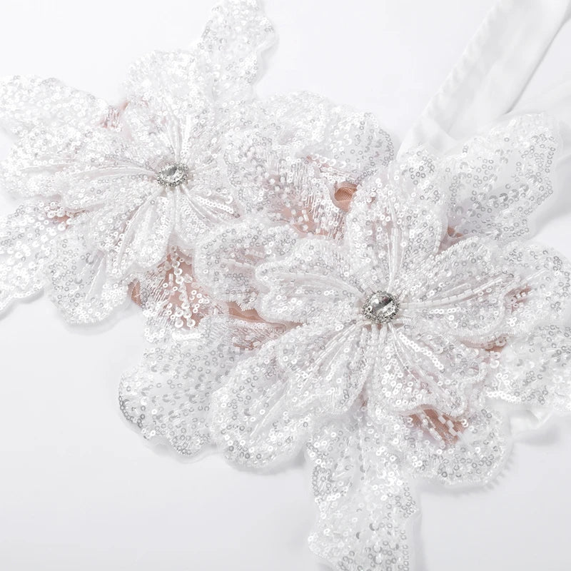 Sexy 3D Flower Vest Skirt Sets Women Slim Sequin Lace Up Crop Tops High Split Long Skirts 2025 Summer Lady Vacation Outfits