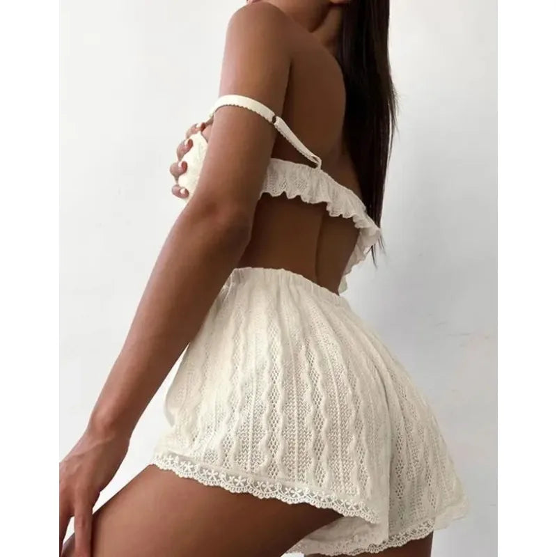 Women Pajamas Summer Fashion Lace Trim Ruffle Hem U-Neck Strap Cable Textured Cami & Casual Home Shorts Set Sleepwear