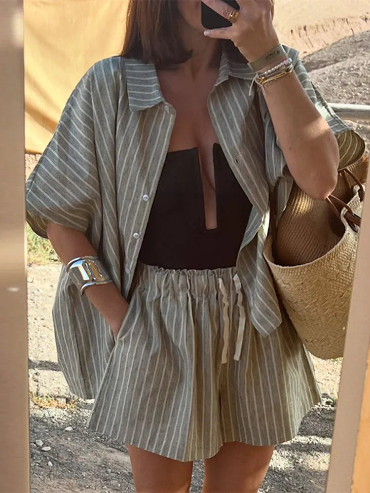 Casual Striped Lace Up Women Shorts Suits Lapel Half Sleeve Single Breasted Shirt Wide Leg Shorts 2025 Summer New Chic Lady Sets