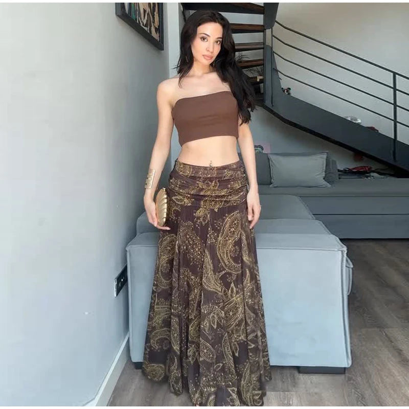 Sexy Print Asymmetric Long Skirts Women Loose High Waist Pleated A-line Skirt 2025 Summer Autumn Lady Partywear