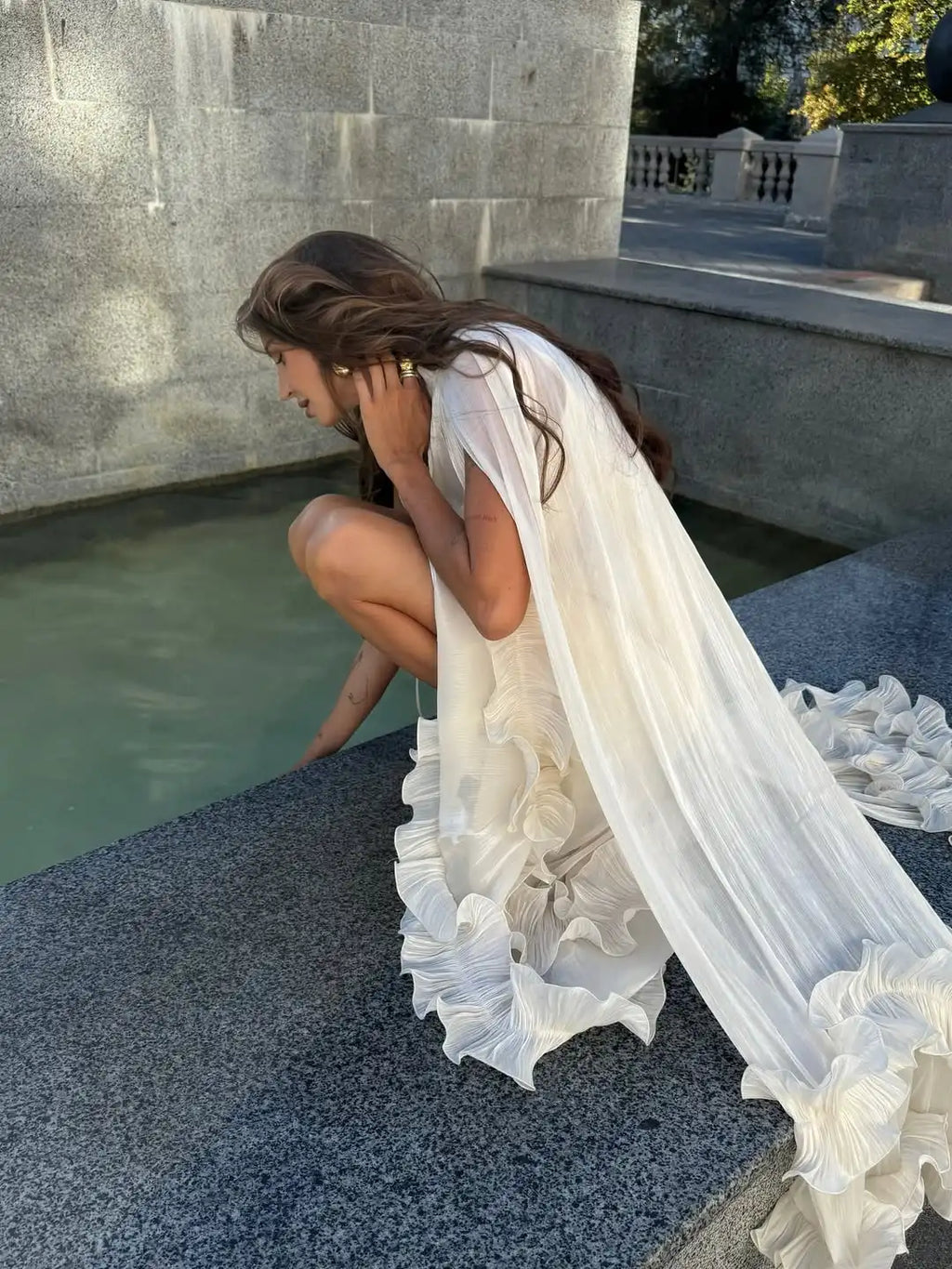 Women Solid Ruffle  Maxi Dress Fashion Lapel V-neck Sleeveless Pleated High Waist Chic Dresses 2025 Summer Lady Vacation Robes