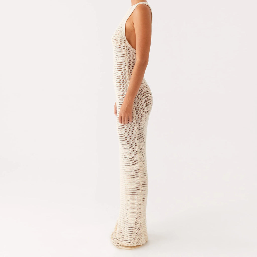 Women Crochet Beach Dress Casual Summer Cutout Backless Bodycon Party Dress Sleeveless Swimwear Cover Up Bathing Suit Vestidos