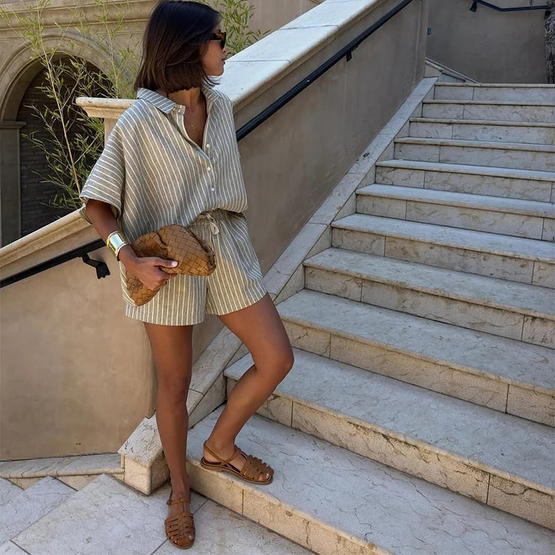 Casual Striped Lace Up Women Shorts Suits Lapel Half Sleeve Single Breasted Shirt Wide Leg Shorts 2025 Summer New Chic Lady Sets