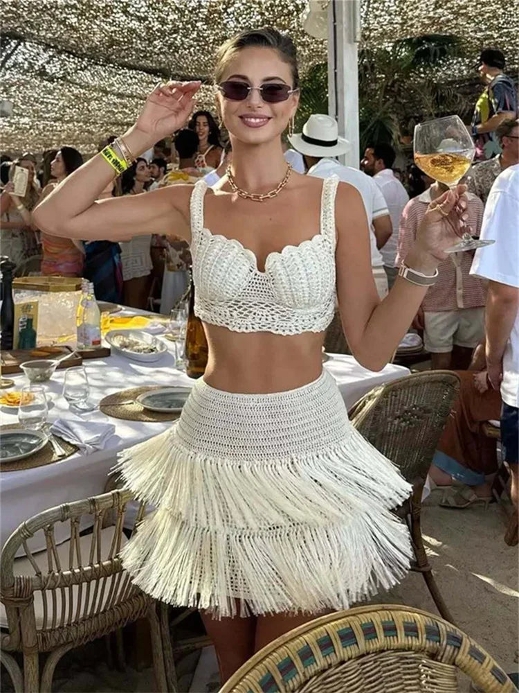Crochet See Through 2 Piece Set Women Sexy Beach Vacation Y2K Mini Tops+Multi-Layered Tassels Skirts Matching Suits