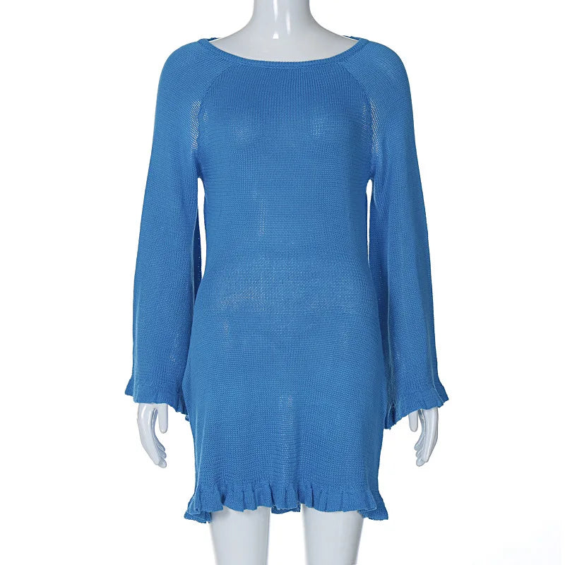 2025 Women Ins Style Sexy Backless Neck-hanging Long Sleeve Fishtail Dress Knit Beachwear Summer Swimsuit Bikini Cover-ups A2825